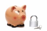 Cute Piggy Bank With Lock Stock Photo