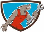 Wolf Mechanic Spanner Shield Cartoon Stock Photo