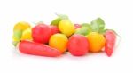 Group Of Deletable Imitation Fruits On White Floor Stock Photo