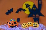 Happy Halloween With Haunted House Castle And Pumpkins Bucket An Stock Photo