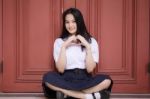 Portrait Of Thai High School Student Uniform Teen Beautiful Girl Happy And Relax, Stock Photo