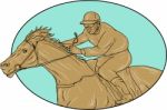 Jockey Horse Racing Oval Drawing Stock Photo