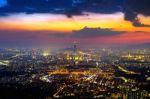 South Korea Skyline Of Seoul, The Best View Of South Korea With Lotte World Mall At Namhansanseong Fortress Stock Photo