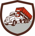 Roll-off Bin Truck Driver Thumbs Up Shield Cartoon Stock Photo