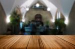 Selected Focus Empty Brown Wooden Table And Coffee Shop Or Resta Stock Photo