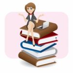 Cartoon Businesswoman Sitting On Stack Of Book With Computer Lap Stock Photo