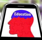 Education On Brain On Smartphone Showing Human Wisdom Stock Photo