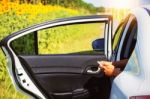 Hand With A Phone In Car Stock Photo