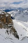 View From Sass Pordoi In The Upper Part Of Val Di Fassa Stock Photo