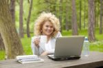 Business Lady Using Laptop In Park Stock Photo