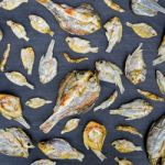 Dry Fish With Sunny On Black Wooden Floor Stock Photo