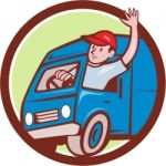 Delivery Man Waving Driving Van Circle Cartoon Stock Photo