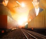 Two Business Man Successful Shaking Hand With Railway Logistic And Air Freight Cargo Transportation Theme Stock Photo