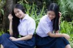 Two Asia Thai High School Student Best Friends Beautiful Girl Smile And Funny Stock Photo