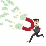 Cartoon Businessman With Magnetic Money Cash Stock Photo