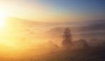 Sun Shining Through Fog On Mountain Stock Photo