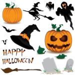 Happy Halloween And Pumpkin, Witch, Spooky, Bats, Objects Isolated On White Background Stock Photo