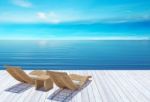 Beach Lounge, Sundeck Over Blue Sea And Sky, Summer Holiday Vacation Concept Stock Photo