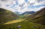 Valley With A Lake And Hills Stock Photo