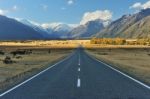 Straight Empty Highway Leading Into Aoraki-mount Cook Stock Photo