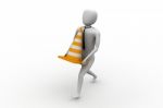 3d Small Person Carrying The Traffic Cone Stock Photo