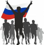 Winner With The Russia Flag At The Finish Stock Photo