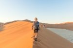 Early Morning Climbers On Sand Dune Near Sossusvlei, Namibia Stock Photo