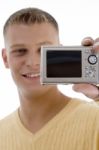 Happy Man Holding Digital Camera Stock Photo