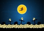 Halloween Skull Graveyard Cross Moon Witch Background Stock Photo