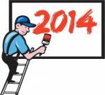 New Year 2014 Painter Painting Billboard Stock Photo