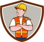 Builder Carpenter Folded Arms Hammer Crest Cartoon Stock Photo