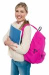 Joyful College Student Posing With Pink Backpack Stock Photo