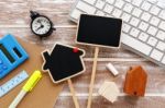 House Sale And Rent Sign On Working Desk Stock Photo