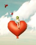 Girl Sitting On Red Heart Balloon And Looking At A Birds,3d Illustration Stock Photo