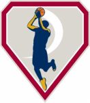 Basketball Player Jump Shot Ball Shield Retro Stock Photo