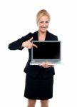 Business Lady Indicating Towards Laptop Screen Stock Photo