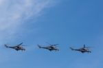 Mi-24 Attack Helicopters Fly On Military Parade Devoted To 70th Stock Photo