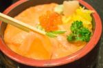 Japanese Rice Box With Salmon Sashimi Stock Photo