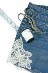 Jeans Decorated With Lace Isolated On White Stock Photo