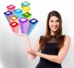 Beautiful Woman Holding Media Icons Stock Photo