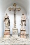 Statues Outside St Vitus Cathedral In Krumlov Stock Photo