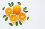 Fresh Orange Citrus Fruit With Leaves Isolated On White Backgrou Stock Photo