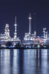 Oil Refinery Plant Night Scene Nearby River Stock Photo