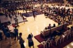 Blurred Crowd Of People Watching Performance In The Hall Stock Photo