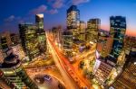 Cityscape Of South Korea. Night Traffic Speeds Through An Intersection In The Gangnam District Of Seoul,south Korea Stock Photo