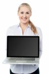 Saleswoman Presenting Brand New Laptop Stock Photo