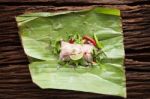 Nham Sour Pork In Banana Leaves Thai Food Stock Photo