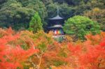 Eikando Pagoda Against Autumn Foliage Stock Photo