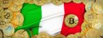 Bitcoins Gold Around Italy  Flag And Pickaxe On The Left.3d Illu Stock Photo