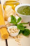 Italian Traditional Basil Pesto Pasta Ingredients Stock Photo